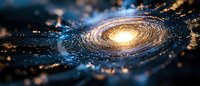 Glowing spiral galaxy with bright center and swirling cosmic dust against dark space background, creating celestial light trails.