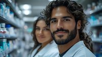 Middle Eastern male pharmacist with beard and curly hair smiling confidently in pharmacy, female colleague in background, healthcare professionals at work in drugstore.