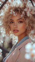 Young mixed race woman with curly blonde hair and natural makeup in pink jacket amid spring cherry blossoms, soft dreamy portrait with bokeh effect.