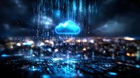 Glowing digital cloud symbol over night cityscape with binary code rain and network connections, representing cloud computing and data transfer technology.