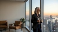 Middle-aged woman with gray hair, Caucasian ethnicity, wearing professional black blazer, standing in modern high-rise office with floor-to-ceiling windows overlooking city skyline at sunset, holding coffee cup, contemplative pose for corporate business themes.