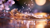 Pink cherry blossom floating on rippling water surface with splashing droplets and golden sunlight creating magical bokeh effect and reflections.