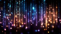Abstract digital background with glowing particles and light streams in blue, purple and orange colors for technology presentations and modern designs.