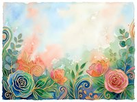 Watercolor floral border with roses and swirling vines in pastel pink, blue, and green tones, with copy space for greeting cards.