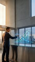 Professional businessman analyzing holographic financial charts and growth graphs in modern office with city skyline view for business presentations.