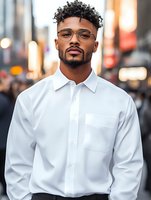Professional African American businessman with glasses and beard wearing white dress shirt standing confidently on busy urban city street background.