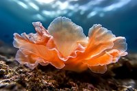 Vibrant orange sea slug or nudibranch underwater against dark blue ocean background, showcasing delicate frilly details and translucent texture in macro photography.
