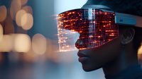 African American woman wearing futuristic augmented reality glasses with glowing red digital display and bokeh lights in background creating modern tech atmosphere.