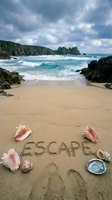 Word escape written in sand on a secluded beach with seashells, turquoise waves, rocky cliffs, and dramatic cloudy sky for travel concepts.