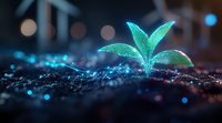 Young glowing plant seedling emerging from soil at night with magical blue light effect and bokeh background, concept of growth and new beginnings.