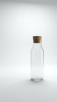 Empty glass bottle with wooden cork stopper isolated on white background for product design and packaging mockups.
