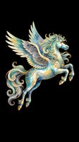 Ornate winged horse with flowing mane and tail in gold, blue, and cream tones, isolated on transparent background. Ready for t-shirts, stickers, sublimation, and print-on-demand designs.