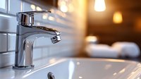 Modern chrome bathroom faucet on white ceramic sink with warm ambient lighting and blurred background creating luxurious spa-like atmosphere for interior design.