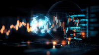 Global financial technology concept with holographic earth and trading charts on laptop screen showing market data analysis and investment opportunities.