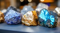 Colorful raw crystals and minerals in blue, gold, and turquoise hues arranged on dark surface with soft bokeh background, showcasing natural geological formations.