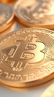 Golden bitcoin cryptocurrency coins in macro view showing detailed texture and symbol on white surface, suitable for finance and digital currency concepts.