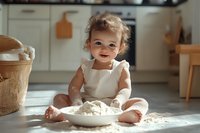 Happy baby girl in white dress sitting on kitchen floor with flour and dough, natural light through window, authentic lifestyle moment, messy baking scene.