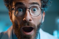 Shocked bearded man with glasses showing surprised facial expression with wide open eyes and mouth in dramatic lighting for emotional reactions.