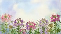 Watercolor cleome flowers in pink and purple tones against a soft pastel sky background with copy space for text.