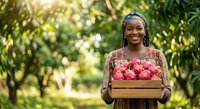 African woman farmer holding wooden crate of fresh pink flowers in lush green garden. Agricultural worker, floral business, sustainable farming, harvest concept for commercial use.