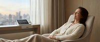 Professional businesswoman relaxing in luxury hotel room chair with city skyline view through window, wearing elegant beige suit for corporate travel.