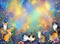 Whimsical cats surrounded by colorful flowers and magical glowing lights in a dreamy garden setting. Isolated on gradient background, perfect for children's designs, nursery decor, greeting cards, and fabric prints.