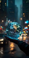 Glowing planet Earth floating above hand against urban night cityscape with bokeh lights and rain, showing North America continent with atmospheric effects.