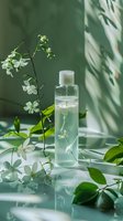 Clear glass bottle with micellar water surrounded by delicate white flowers and green leaves in soft natural light, creating spa-like atmosphere for beauty and skincare.
