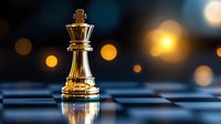Golden chess king piece standing alone on blue chessboard with dramatic lighting and bokeh background, symbolizing leadership, strategy and success in business.