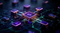 Glowing microchip processor with neon purple and blue circuit connections on dark background, modern technology concept for artificial intelligence and computing.