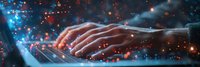Hands typing on laptop keyboard in dark with glowing red and blue particles effect, cybersecurity and digital technology concept for business background.