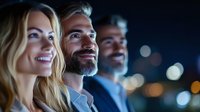 Diverse business team looking up with hopeful expressions against blurred city lights at dusk, representing vision and aspirations in corporate leadership.