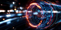 Abstract digital tunnel with glowing orange and blue light effects, dynamic circular motion streaks and bokeh particles creating futuristic technology portal background.