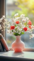 Fresh spring bouquet with white and coral flowers in pink ceramic vase on windowsill with soft natural lighting and books, creating cozy home atmosphere.