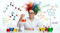 Female scientist with colorful curly hair conducting chemistry experiment in laboratory with molecular formulas and chemical equipment background.