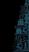 Science laboratory equipment border with microscopes, test tubes, DNA helix and molecular structures in blue line art on black background for research presentations.