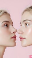 Close-up portrait of two young women with natural makeup, glowing skin, and blonde hair facing each other against pink background, showcasing beauty and skincare.