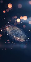 Abstract spiral pattern of glowing particles with orange bokeh lights on dark blue background, creating magical atmospheric effect for technology designs.