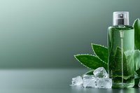Green glass bottle with fresh mint leaves and ice cubes on mint background, luxury cosmetic product for skincare and aromatherapy spa treatments.