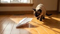 Siamese cat with dark points and cream-colored fur investigating a paper airplane on wooden floor in sunlit room, curious feline exploring toy.