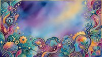 Colorful steampunk ornamental border with gears and swirls frames a vibrant watercolor gradient background in purple, blue, and yellow tones, suitable for design projects and creative backgrounds.