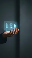Hand holding holographic smart home control panel with temperature, lighting and security icons for automation technology applications.