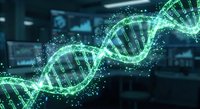 Glowing green DNA double helix structure with digital particles in modern laboratory background for biotechnology and genetic research applications.