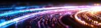 Colorful digital light trails forming curved lines against dark background, creating futuristic technology concept for data visualization and connectivity.