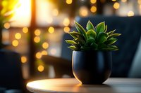 Small succulent plant in black ceramic pot on wooden table with warm bokeh lights creating cozy atmosphere in background.