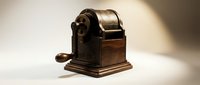 Vintage mechanical pencil sharpener with wooden base and cast iron components, isolated on white background for design and product use.