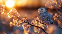Snowy owl perched on frost-covered branch during golden hour sunrise, winter wildlife scene with bokeh background and ice crystals.