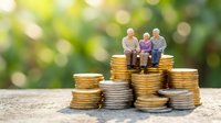 Miniature elderly figures sitting on stacks of golden coins representing retirement planning, pension savings, and financial security for senior citizens.
