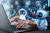 Robot assistant with holographic interface displays financial data and portfolio analytics while human hands type on laptop for automated trading solutions.