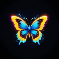 Luminous butterfly with glowing blue and yellow wings on black background, magical neon effect with light trails and sparkles for creative design projects.